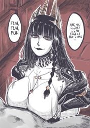 black_hair braid breasts cleavage_cutout clothing_cutout code_vein_ii crown english_text gekikara_(tomboy-sama) goth_fashion highres huge_breasts jadwiga_(code_vein) lace_trim laughing lipstick looking_at_another makeup paizuri pale_skin red_eyes side_braid smile smug