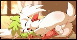 2026 absurd_res anus ass balls balls_blush bed black_border black_nose blurred_background blush blush_lines bodily_fluids body_blush border butt_blush chromatic_aberration closed_eyes cloudeon digital_media_(artwork) erection fangs feral fur furniture generation_4_pokemon genitals glistening glistening_balls glistening_butt glistening_genitalia glistening_penis green_body green_fur hi_res inside knot knotted_penis legendary_pokemon lying male male_feral multicolored_body multicolored_fur mythical_pokemon nintendo on_bed on_side open_mouth outside_border patreon patreon_logo pawpads paws penis perineum pink_anus pink_pawpads pink_penis pokemon pokemon_(species) quadruped rear_view shaymin short_tail sky_forme_shaymin sleeping small_nose solo tail tears teeth text tongue tongue_showing url vein veiny_penis white_balls white_body white_fur white_tail window y_anus yawn