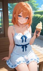 ai_generated big_bulge blue_eyes cute futanari ginger_hair ice_cream looking_at_viewer original_character white_dress