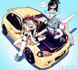 2023 3girls artist_name bandage_over_one_eye bikini bikini_car_wash birdblitz black_hair breast_squish broken_halo bubbles car car_wash cigarette cigarette_in_mouth eyepatch female female_focus female_only glasses halo hysterectomy_scar light_blue_hair no_sex scar shimeyo_(birdblitz) sports_car strawberry_blonde_hair trigger_complex twintails type-r_(birdblitz) washing_car wink yume_(birdblitz)