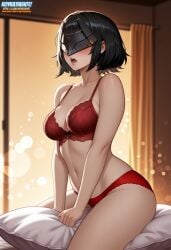 ai_generated arknights arknights:_endfield bed black_hair drooling endministrator_(arknights) female female_endministrator_(arknights) female_only grabbing_pillow humping humping_pillow light-skinned_female light_skin lingerie mask masked_female medium_breasts medium_hair moaning pillow red_bra red_panties room royrathehot solo watermark