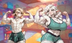 1boy abs ai_generated anthro athletic_male biceps big_biceps big_breasts big_bulge blush breasts bulge bulge_through_clothing bulge_under_clothes comparing_muscles curly_hair cute_face female female_anthro flexing flexing_bicep furry green_eyes gym_shorts huge_breasts kitchen long_hair male male_anthro milf mother_and_son muscular muscular_anthro muscular_arms muscular_female muscular_legs muscular_male muscular_thighs oc older_female original_character original_characters paige_(velix5) pecs pouting sheep sheep_ears sheep_horns sheep_tail shorts simon_(velix5) size_difference smiling sports_bra sportswear veiny_arms veiny_muscles velix5 white_fur white_hair white_wool yellow_hair