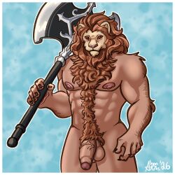 2026 abs anthro axe balls biceps body_hair chest_hair chest_tuft colored digital_drawing_(artwork) digital_media_(artwork) felid fingers flaccid fluffy fluffy_chest foreskin fur genitals hair happy_trail hi_res holding_object humanoid_genitalia humanoid_penis lion male mammal mane melee_weapon morard_(unicorn_overlord) muscular muscular_anthro muscular_male nipples nude pantherine pawpads pecs penis pubes red_eyes shaded shon_arts signature simple_background smile solo tuft unicorn_overlord vanillaware weapon weapon_on_shoulder