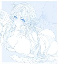 arm_under_breasts arm_up ass azur_lane bare_shoulders bed_sheet blue_background blush bra_aside breasts brest_(azur_lane) brest_(moonlit_night's_spring_vista)_(azur_lane) cleavage close-up closed_mouth collarbone commander_kei commentary_request detached_collar earrings elf facial_mark female female_only finger_on_nipple fingernails forehead_mark hair_ornament high-waist_panties highres huge_ass jewelry large_breasts line_art long_fingernails long_hair long_pointy_ears looking_at_viewer lying motion_lines multiple_views nipples official_alternate_costume on_bed on_stomach pointy_ears revealing_clothes see-through_clothes shawl sidelocks single_earring solo string sweatdrop underwear undressing very_long_hair white_background