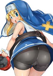 1boy androgynous arc_system_works artist_request ass bike_shorts blonde_hair blue_eyes blush bridget bulge femboy from_behind girly guilty_gear habit highres long_hair looking_at_viewer male_focus male_only nun nun's_habit open_mouth shiny shiny_clothes shiny_hair solo sweat yo-yo