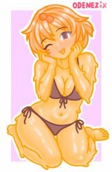bikini black_bikini breasts cute cute_style female female_focus female_only high_quality honey honey_(food) mellie_(odenezix) odenezix original_character simple_background sitting slime slime_girl smile