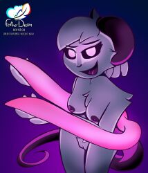 2023 anthro areola artist_logo bedroom_eyes black_sclera breasts chest_tuft demon digital_media_(artwork) english_text featherdream female fluffy fur genitals glowing glowing_eyes glowing_tentacles gradient_background hair hi_res holding_object humanoid logo long_tail long_tongue looking_at_viewer mammal murid murine narrowed_eyes nipples nude nude_female open_mouth open_smile pink_body pink_eyes purple_areola purple_background purple_body purple_eyes purple_fur purple_hair purple_nipples purple_tongue pussy rat reggie_(whygena) rodent rule_63 seductive shaded short_hair simple_background smile solo standing tail tentacle text tongue tuft vulva watermark white_body white_eyes white_fur white_hair