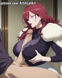 1boy 1boy1girl 1girls ai_generated balls big_breasts big_penis blush clothed_sex coat earrings female fur_cape fur_coat fur_collar hair_between_eyes inari_yoko jewelry kemono_jihen kitsune light-skinned_female light_skin lipstick makeup mature_female milf nail_polish paizuri paizuri_under_clothes penis penis_between_breasts perfect_body purple_eyes red_hair red_lipstick red_nail_polish sex squeezing_breasts titjob uncensored very_long_hair watermark youkai