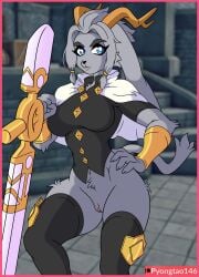 2024 2_horns 4_fingers absurd_res accessory anthro antlers armor artist_name big_breasts biped black_clothing black_footwear black_legwear black_nose black_socks black_thigh_highs black_thigh_socks black_topwear black_vest blue_eyes blurred_background border bottomless bottomless_anthro bottomless_female bovid bracers breasts capelet caprine claws clothed clothed_anthro clothed_female clothing digital_media_(artwork) eyebrows eyelashes female female_anthro finger_claws fingers footwear genitals glistening glistening_eyes gold_(metal) gold_bracers grey_eyebrows grey_hair grey_tail hair hair_accessory hair_ring hand_on_hip hi_res holding_melee_weapon holding_object holding_weapon horn hybrid jackalope lagomorph legwear looking_at_viewer mammal melee_weapon mouth_closed navel patreon patreon_logo patreon_username pink_border pseudoregalia pyongtao_(artist) socks solo sybil_(pseudoregalia) tail text thigh_highs thigh_socks topwear vest vulva weapon white_capelet white_clothing yellow_horn