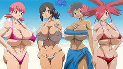 4girls abs alternate_breast_size alternate_outfit arms_behind_back bandeau beach big_breasts bikini bikini_top black_hair blue_eyes breasts brown_eyes clothed dark-skinned_female dark_skin elite_four eye_contact female female_only fit fit_female flannery_(pokemon) greengiant2012 group huge_breasts human human_only large_breasts legs long_hair looking_at_viewer multiple_girls nintendo panties phoebe_(pokemon) pink_bikini pink_hair pokemon pokemon_gsc pokemon_hgss pokemon_oras pokemon_rse ponytail red_bikini red_eyes red_hair sand sarong short_hair smile smiling thick_thighs tropical voluptuous water whitney_(pokemon) wide_hips wink zinnia_(pokemon)