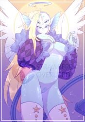 4_eyes angel areola big_ears black_sclera blonde_hair blue_areola blue_body blue_eyes blue_hair blue_nipples blue_skin blue_tail bottomless breasts clothed clothing colored_nails cropped_jacket electrical_plug electrical_plug_tail electricity feathered_wings feathers female fluffy_jacket hair half-shaved_head halo hi_res humanoid jacket jacket_only legwear light lighting long_hair mask_face mouthless multi_eye nails navel nipples not_furry ozone_(strawberryoverlord) partially_clothed pinup pose pubes purple_clothing purple_jacket purple_nails purple_topwear shaded simple_background solo sparkles star_symbol stockings strawberryoverlord tail topwear topwear_only watermark white_face white_wings wings yellow_nails