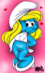 1girls blonde_hair blue_skin clothing_lift cute female female_focus female_only hanna-barbera hat heart love naughty no_panties pussy seductive shortstack smurf smurfette temptation the_smurfs thewink