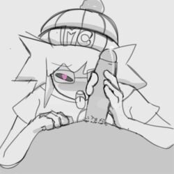 masturbating masturbation masturbating_other masturbating_while_watching heart-shaped_pupils tongue_out sweating sweating_female beanie_hat beanie clothed_sex clothed_female clothing glasses glasses_on_face blushing blushing_female blush grabbing_penis holding_penis laying_on_bed