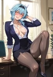 ai_generated blazer blush breasts covered_nipples eula_(genshin_impact) female female_only genshin_impact glowing_eyes hand_in_hair heels horny indoors leg_up legs licking_lips medium_breasts milf necklace nipple_peek nipples_visible_through_clothing office office_clothing office_lady pantyhose pencil_skirt perfect_body puffy_lips saliva shirt sidelighting sitting sitting_on_table smell thick_thighs unbuttoned