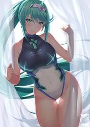 1girls aqua_eyes aqua_hair artist_name bangs blush breasts covered_navel cowboy_shot curtain_grab curtains earrings eyebrows_visible_through_hair female female_focus gainoob gem hair_ornament headpiece jewelry large_breasts leotard long_hair looking_at_viewer matching_hair/eyes nintendo one-piece_swimsuit pneuma_(xenoblade) ponytail sidelocks smile solo standing swept_bangs swimsuit thigh_gap tiara very_long_hair xenoblade_(series) xenoblade_chronicles_2