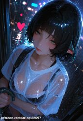 ai_generated animal_ears aqua_eyes backpack bag bangs black_bra black_hair blunt_bangs blush bra bra_visible_through_clothes breasts cleavage closed_mouth collarbone ear_piercing earrings female green_eyes heart holding holding_umbrella jane_doe_(zenless_zone_zero) jewelry lips looking_at_viewer medium_breasts night outdoors piercing rain see-through shirt short_hair short_sleeves solo umbrella underwear upper_body watermark wet wet_clothes wet_hair wet_shirt white_shirt zenless_zone_zero