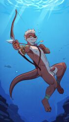 1boy 4_toes 5_fingers absurd_res aiming_weapon anthro arrow_(projectile) balls black_nose bow_(weapon) bow_and_arrow brown_body brown_fur drawing_bow feet fingers floating fully_submerged fur genitals hair hi_res hindpaw humanoid_hands jewelry male male_only mammal mustelid necklace nipples nude nude_anthro nude_male one_eye_closed original otter paws penis ranged_weapon skinny_dipping smile solo tail testicles toes underwater ventkazemaru water weapon white_hair