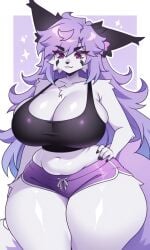 ai_generated animal_ears animal_tail animation_meme_community anthro anthro_female anthro_focus anthro_only belly_button big_breasts black_ears black_nail_polish black_nails black_nose booty_shorts cleavage cleavage_overflow cropped_shirt cropped_tank_top dolphin_shorts drawstring female female_anthro female_focus female_only fox fox_ears fox_girl fox_tail furry furry_female furry_only hand_on_hip huge_breasts huge_thighs large_breasts large_thighs long_hair midriff navel pink_fur pixai purple_eyes purple_hair rossali short_shorts simple_background slim_waist tagme tank_top thick_thighs wide_hips youtube youtuber youtuber_girl