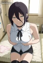 1girls ai_generated anime_style bare_shoulders bed bedroom black_choker black_hair black_ribbon black_shorts black_thighhighs blush breasts calendar_(object) chainsaw_man choker closed_mouth collared_shirt curtains female female_only grabbing_own_breast green_eyes hair_between_eyes hair_bun hi_res indoors looking_at_viewer medium_breasts mystic_maidens neck_ribbon on_bed panties patreon pink_panties reze_(chainsaw_man) ribbon shirt short_hair short_shorts shorts side_slit_shorts sitting sleeveless sleeveless_shirt smile solo thighhighs underwear unworn_panties white_shirt window