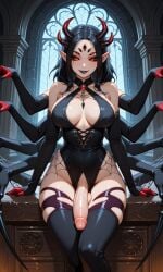 ai_generated big_breasts black_hair elf_ears futanari multiple_arms original_character red_eyes spider_girl
