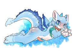 2_horns 4_fingers alex_(alexreallytaken) ambiguous_gender anthro armband biped blue_body blue_eyes blue_fur blue_horn blush bodily_fluids body_blush butt butt_blush cheek_tuft claws collar collar_only countershade_fur countershading cum cum_on_hand cum_on_paw cum_on_pawpads digital_drawing_(artwork) digital_media_(artwork) dragon ear_blush erection facial_tuft fingers fur furred_dragon furred_scalie furred_wings gagaga_ram genital_fluids genitals glistening glistening_butt glistening_eyes head_tuft hi_res horn horn_jewelry horn_ring inner_ear_fluff jewelry looking_at_viewer lying male mythological_creature mythological_scalie mythology nude pawpads paws penis pink_pawpads ring_(jewelry) scalie side_view simple_background skinny_ambiguous skinny_anthro small_wings smile solo tail tail_tuft tapering_penis tapering_tail tuft wings