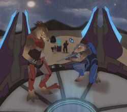 3_fingers 3_toes alien animal_genitalia animal_penis anthro armor blush carbine codpiece digitigrade duo duo_focus erection feet fingers genitals group halo_(series) hi_res holding_object holding_penis holding_ranged_weapon holding_weapon hologram jiralhanae kig-yar looking_at_another male masturbation microsoft outside penis pupils quill_hair ranged_weapon ribbed_penis ruuhtian san'shyuum scalie slipstreamtease slit_pupils smile tan_body toes unggoy unusual_anatomy unusual_genitalia unusual_penis weapon xbox_game_studios yellow_eyes