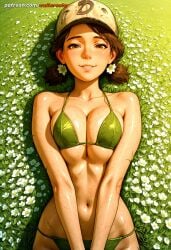 1girls 2d ai_generated baseball_cap belly_button big_breasts bikini bikini_bottom bikini_top bra breast_press breasts brown_eyes brown_hair cleavage clementine_(the_walking_dead) curvy dark-skinned_female dark_skin female female_focus female_only flower flower_in_hair flowers grass grass_field hat headwear hips large_breasts light-skinned_female light_skin looking_at_viewer lying medium_breasts medium_hair navel scantily_clad slim_waist smile smiling smiling_at_viewer swimwear the_walking_dead the_walking_dead_game toned toned_female waitercolor