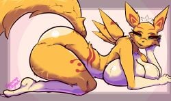 absurd_res alegnamon_(alegnamonoriginal) alegnamonoriginal anthro bandai_namco big_breasts breasts digimon digimon_(species) digital_media_(artwork) female fur hi_res mammal nude renamon simple_background smile solo tail white_body white_fur yellow_body yellow_fur