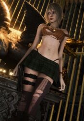1girl 3d arms_down ashley_graham ashley_graham_(ella_freya) asymmetrical_legwear asymmetrical_stockings bangs bare_arms bare_shoulders belly_button belly_piercing blender blender_(software) blender_eevee blonde_female blonde_hair bobcut boots bracelet cleavage crop_top damaged_clothes depth_of_field detailed_background dirt dirty_girl dynamic_pose female fullbody green_eyes green_skirt head_tilt highres jewelry large_breasts legs long_hair long_nails looking_at_viewer medium_breasts medium_hair midriff mokujin_hornywood navel_piercing necklace nose_piercing orange_topwear plaid_skirt pleated_skirt realistic render resident_evil sexy_thighs skirt sleeveless slim_waist soft_lighting solo standing stockings sweaty sweaty_body swept_bangs tagme thigh_holster thighhighs thighs thin torn_clothes torn_clothing torn_stockings viewed_from_below wet_hair worried worried_expression