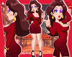 1girls alternate_version_available armwear ass bimbo bimbo_lips blue_eyes blush bracelet breasts brown_hair clothing dress ear_piercing earrings eyelashes eyeshadow female female_only footwear hair hand_behind_head hand_on_hip heels high_heels hips holding_object legs lips lipstick long_hair mario_(series) medium_breasts multiple_views nail_polish nails nintendo one_eye_closed parted_lips pauline pointing pose posing purple_eyeshadow red_dress red_lips red_lipstick red_nail_polish red_nails short_dress side_view sideboob solo solo_female sparkles thick_lips thighs wiluma wink winking