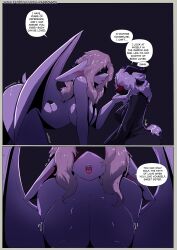 absurd_res anthro ass bat big_breasts blindfold blonde_hair blush bovid breasts caprine clothed clothing comic covered_eyes duo english_text evangeline_(lizzard_sama) female female/female fluffy fluffy_tail hair hand_on_face hi_res horn lizzard_sama mammal membrane_(anatomy) membranous_wings nipples nude nun open_mouth ophelia_valais sheep simple_background tail text thick_thighs white_body wings