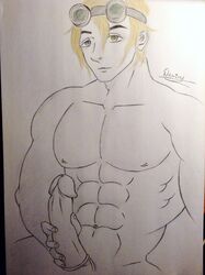 1boy abs artist_name artist_signature big_penis blonde blonde_hair circumcised cock_ring cock_ring_(decorative) damien_(artist) eight_pack erection goggles goggles_on_forehead goggles_on_head heterochromia human male male_nipples male_only muscles muscular_male nude_male original_character pecs penis shaved_crotch smooth_penis smooth_skinned_male solo two_cock_rings