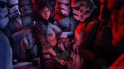 1girls 2boys 3d 6+boys 8boys breasts breasts_out brown_hair gangbang groping groping_breasts handcuffed handcuffs handjob horny huggybear jyn_erso looking_at_another multiple_boys rogue_one:_a_star_wars_story star_wars stormtrooper touching_breast touching_penis