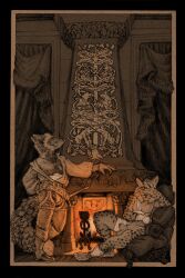 absurd_res animal_genitalia animal_penis anthro balls bandage bulge canid canine clothed clothing duo felid feline fireplace flaccid fox fur genitals hi_res lynx male mammal melee_weapon momamo nude open_clothing open_shirt open_topwear partially_clothed penis red_fox sheath shirt silver_fox sitting standing sword tail topwear traditional_media_(artwork) true_fox weapon wounded