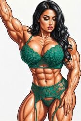 abdominals abigail_ratchford biceps big_breasts big_muscles closed_eyes dark_hair green_lingerie huge_boobs huge_breasts huge_muscles lace large_boobs large_breasts large_muscles lingerie looking_down muscular muscular_female photorealistic pouty_lips vascular_arms