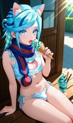 1boy ai_generated bench blue_eyes blue_nails bra bulge cat_cutout cat_ears feline femboy grusha_(pokemon) ice_cream ice_cream_cone lingerie male mint mint_chocolate_chip mint_ice_cream nails_painted otoko_no_ko outside_view panties penis pokemon scarf sunshine thighs