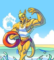 absurd_res anthro armpit_hair beach beach_background blush body_hair clothing embarrassed embarrassed_male embarrassing_exposure genitals hi_res humanoid_genitalia humanoid_penis lifeguard male male_anthro nipples outdoor_background penis pool_float shirt speedo swimwear tank_top thekinkybear topwear wardrobe_malfunction