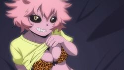 1girls animal_print animated bare_legs bed_sheet big_breasts black_sclera bra breasts cleavage clenched_teeth clothing collarbone eyelashes felipe_godoy female female_focus female_only grin hips human leopard_print looking_at_viewer medium_breasts messy_hair mina_ashido monster_girl my_hero_academia navel panties pink_hair pink_skin revealing_clothes shirt shirt_lift short_hair short_sleeves skimpy smile solo solo_female teeth thighs underwear undressing yellow_eyes yellow_shirt