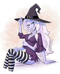 1girls 4_arms blue_eyes cartoon_network cleavage costume cubedcoconut female female_only fusion gem gem_fusion half-closed_eyes halloween halloween_costume hat headgear long_hair looking_to_the_side multi_arm multi_limb opal_(steven_universe) pose purple_hair purple_skin sidelocks sitting solo steven_universe stockings witch witch_costume witch_hat