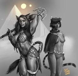 2girls armpit_hair armpits arms_up barbarian belt biceps big_breasts bikini_armor black_and_white breasts breasts_out busty cape cat_ears cat_tail catgirl cleavage desert ear_piercing excessive_pubic_hair facepaint female female_focus female_only grayscale greyscale hourglass_figure justsomenoob lance large_breasts long_fingernails long_hair medium_breasts monochrome muscles muscular muscular_female muscular_thighs nail_polish navel navel_piercing nipple_piercing nipples nude outdoors piercing pinup pose posing pubic_hair pubic_hair_peek pussy pyramid scar short_hair spear standing thick_lips thick_thighs waist_chain warrior weapon wide_hips