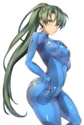 1girls alternate_costume ass blush bodysuit breast_grab cosplay crossover embarrassed fire_emblem fire_emblem:_the_blazing_blade green_hair headband impossible_clothes long_hair looking_at_viewer lyn_(fire_emblem) lyndis_(fire_emblem) medium_breasts metroid nintendo open_eyes ponytail shinon_(tokage_shuryou) small_breasts solo thick_thighs thighhighs thighs zero_suit