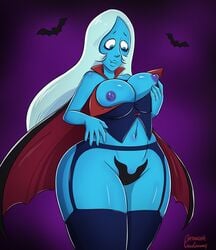 1girls 2019 big_breasts blue_diamond_(steven_universe) blue_skin breast_grab breasts cape cartoon_network cartoonsaur cubedcoconut diamond_authority fangs female female_only gem_(species) halloween halloween_costume large_breasts long_hair narrow_shoulders nipples smile solo solo_female steven_universe thick_thighs thighhighs thighs thin_arms vampire wide_hips