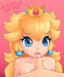 1boy 1girls :3 blasticussaturn blonde_hair blue_eyes crown cum cum_in_mouth earrings fellatio female jewelry lips lipstick long_hair male mario_(series) nintendo nude oral penis pink_background pink_lipstick princess_peach simple_background smile testicles video_games