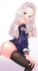 1boy 1girls azur_lane blue_eyes gradient_background half_squat naked_shirt penetration purple_fingernails sex sex_from_behind simple_background thighhighs white_hair yorktown_(azur_lane)