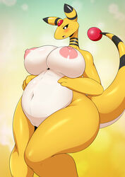 1girls 2019 3_fingers absurd_res ampharos anthro anthrofied areolae ass big_breasts black_fur blush breasts chubby chubby_female erect_nipples female female_only furry green_background half-closed_eyes heavy_breathing hi_res huge_breasts large_areolae long_neck long_tail looking_down mammal naked navel nintendo nipples nude open_mouth pixiv pokémon_(species) pokemon pokemon_(species) pokemorph pose pussy sheep solo standing stripes sweat tail tailzkim thick_thighs tongue vagina video_games wet white_fur wide_hips yellow_fur