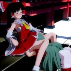 2girls 3d animated armpits ascot ass_up aunn_komano bent_over black_hair blush bow clothed cunnilingus curly_hair detached_sleeves green_hair hair_tubes hand_on_head implied_cunnilingus implied_oral legs long_hair maloxx mikumikudance mmd no_sound oral pants red_bow red_shirt red_skirt reimu_hakurei sarashi shirt short_pants shrine skirt socks touhou video yellow_neckwear yuri