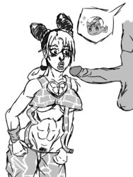 1boy 1girls abs before_sex big_breasts blush clothed enrico_pucci female grayscale huge_ass huge_balls huge_cock human interracial jojo's_bizarre_adventure jolyne_kujo joredraws male monochrome pants_pull penis pubic_hair smile stone_ocean super_deformed underboob