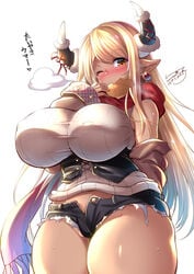 amber_eyes blush breasts c.r. draph draph_race_(granblue_fantasy) female granblue_fantasy horns huge_breasts kuvira_(granblue_fantasy) long_hair micro_shorts nipple_bulge pointy_ears solo wink