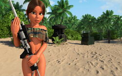 1girls 3d artist_name bare_shoulders beach big_breasts bikini bikini_bottom brown_hair busty curvy detailed_background eyelashes female female_only front_view green_eyes holding_object hourglass_figure human jyn_erso kondaspeter looking_at_viewer midriff on_back outdoor outside pose posing rogue_one:_a_star_wars_story sand scarif shiny shiny_skin short_hair sniper_rifle solo star_wars thong underboob voluptuous weapon wide_hips