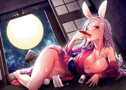 alcohol animal_ears areolae bangs bottle bunny_ears clothing comic_anthurium cup drunk eyelashes female fingernails full_moon giuniu half_updo highres japanese_clothes kimono long_fingernails lying moon moonlight night night_sky nipples no_panties obi off_shoulder on_side one_eye_closed open_clothes open_kimono open_mouth original parted_bangs pink_nails purple_hair purple_kimono red_eyes red_kimono round_teeth sakazuki sake sake_bottle sash sky smile solo star_(sky) starry_sky teeth third-party_edit tokkuri tongue tongue_out upper_teeth wide_sleeves yukata